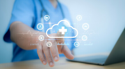 A medical worker touch technology cloud computing medical cross shape and healthcare, Virus pandemic develop people awareness and spread attention on their healthcare in global.