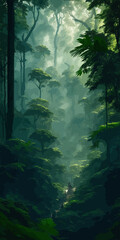 scene with rays of light scene with rays of light dense forest of trees people walking mist illustration Generative AI