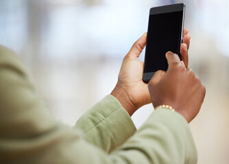 Poster - Woman, hands and phone mockup screen for communication, social media or online networking indoors. Hand of female person on mobile smartphone app for chatting, browsing or texting on mock up display