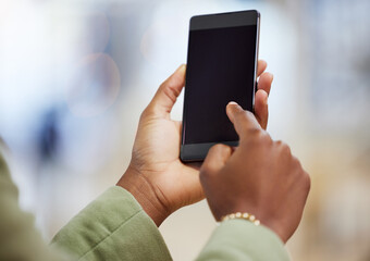 Poster - Woman, hands and phone mockup typing in social media for communication, web or networking. Hand of female person on mobile smartphone app for online chatting or texting on mock up screen or display