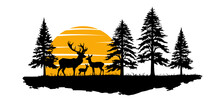 Black Silhouette Of Deer Family With Baby, Forest Fir Tree, Sunset Sunrise Sun, Wildlife Adventure Hunting  Landscape Panorama Illustration Vector For Logo, Isolated  White Background (Generative Ai)