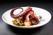 colorful octopus dish in white plate on dark background