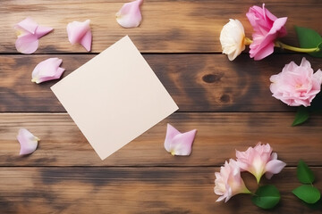 Poster - empty paper note with pink flowers on wooden background