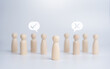 © RerF - Wooden figure dolls stand in the middle among others with vote yes or no symbol. Open-mindedness, public hearing, elections, voting concept. Idea for Volunteers, candidates, constituency electorates.
