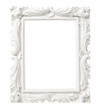 white ornate antique picture or photo frame isolated over a transparent background, cut-out empty / blank gallery, exhibition or product / poster / postcard display design element, PNG