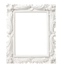 White Ornate Antique Picture Or Photo Frame Isolated Over A Transparent Background, Cut-out Empty / Blank Gallery, Exhibition Or Product / Poster / Postcard Display Design Element, PNG