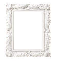 white ornate antique picture or photo frame isolated over a transparent background, cut-out empty / 