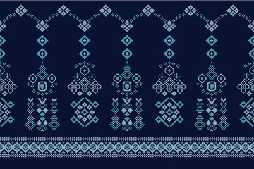  Ethnic geometric fabric pattern Cross Stitch.Ikat embroidery Ethnic oriental Pixel pattern navy blue background. Abstract,vector,illustration. Texture,clothing,scarf,decoration,motifs,silk wallpaper.