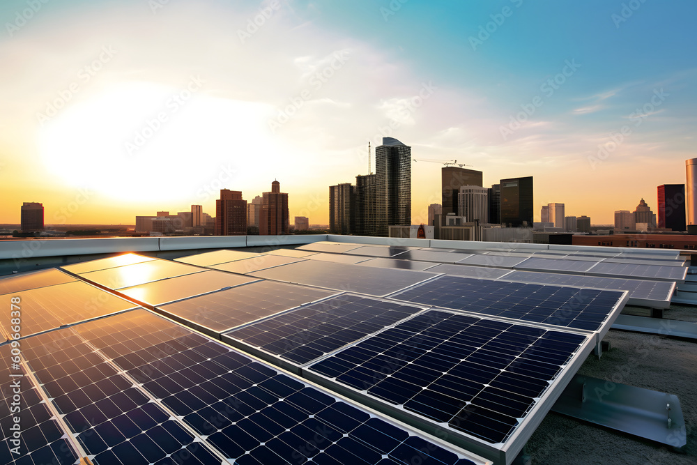 solar panels on city rooftop with downtown and blue sky in the ...