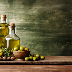 Wall Mural - Bottle of olives oil and olives fruits. AI generative.