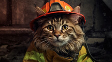 A Cat In A Firefighter's Costume, A Saviour, A Fighter, A Serious Portrait. AI Generated.