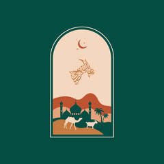 Wall Mural - Islamic greeting Eid Adha Mubarak with modern boho design style. Silhouette mosque objects, camel, goat, date palms, crescent moons and mosque domes. Vector illustration