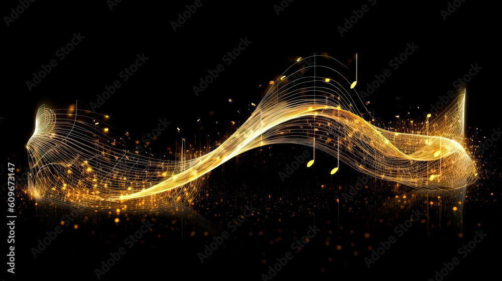 Golden Wavy Lines With Light Effect And Music Notes On Black Background ...