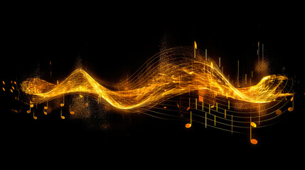 Golden Wavy Lines With Light Effect And Music Notes On Black Background. Ai generated