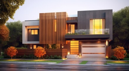 Wall Mural - modern exterior design ideas minimalist house designs with wooden fence front, ai generative