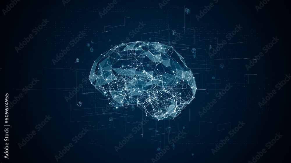 Blue polygon digital brain logo with grid line and ai technology icon ...
