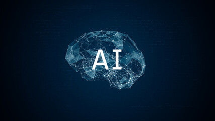 Blue polygon digital brain logo and AI letter with grid line on futuristic technology abstract background artificial intelligence concepts