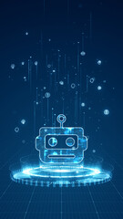 Poster - Blue digital robot head logo and circle futuristic HUD with Ai chatbot and machine learning technology with artificial intelligence and robot icon on vertical abstract background