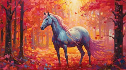 Wall Mural - Painting of a horse in the forest with red autumn leaves. Created with Generative AI tools