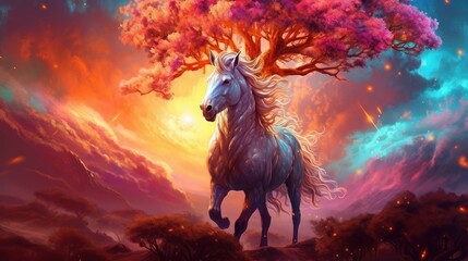 Wall Mural - Horse with a tree on the background of the sky with clouds. Created with Generative AI tools