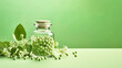 Green homeopathic dragee in glass jar with a cork and flowers and medicinal herb leaves on pastel green background. Alternative medicine, natural supplements, homeopathy, health care. Generated by AI