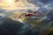 Red Classic Propeller Airplane in the Sky Above Mountain Landscape