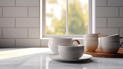 Poster - Clean, minimal white marble kitchen countertop with stack of ceramic coffee cup. Generative Ai