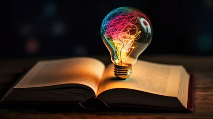 Wall Mural - Innovative light bulb on book with doodle for World intellectual property day. Generative Ai