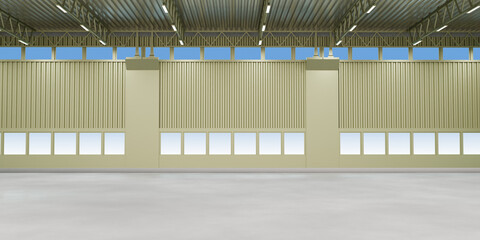 Poster - Industrial interior. Empty factory building. Factory wall view from inside. Industrial hangar with square windows. Modern production facility. Interior of empty enterprise. 3d image