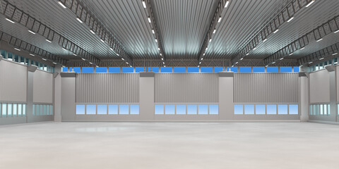 Poster - Industrial background. Interior of empty hangar. Place for warehouse or factory. Industrial building inside view. Hangar with concrete floor. Empty warehouse with lamps under high roof. 3d image