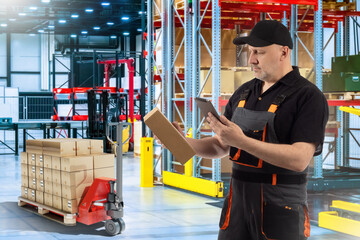 Poster - Warehouse worker. Man storekeeper with tablet and box. Storage company employee. Pallet jack with boxes. Loader works in warehouse. Career in storage industry. Man checks data on parcel
