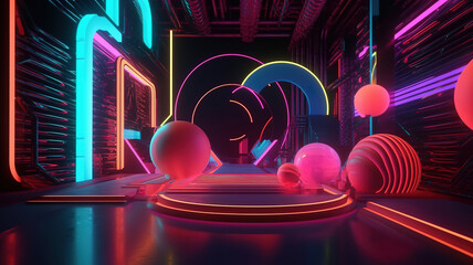 Aufkleber - 3d render of geometric background with columns and glowing neon lights. Generative Ai