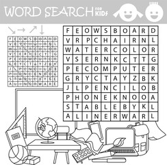 Word search crossword puzzle. School equipment. Find and cross the words show in the picture. Coloring picture. Vector educational activity page for children. Worksheet learning English language