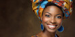 Afroamerikanische Frau mit attraktivem Gesicht und bunten großen Kopftuch lacht Nahaufnahme Querformat, ai generativ