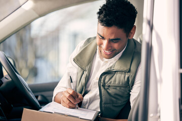 Aufkleber - Delivery man, checklist and working on a box in the van, courier service or portrait of employee shipping package. Person, supplier or writing with clipboard, list and logistics of products