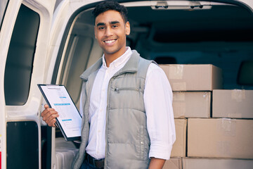 Aufkleber - Delivery man, box and working with a checklist in the van, courier service or portrait of employee shipping package. Person, supplier or writing with clipboard, list and logistics of products
