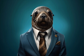 Portrait of a Seal dressed in a formal business suit, Boss Seal, created with generative AI