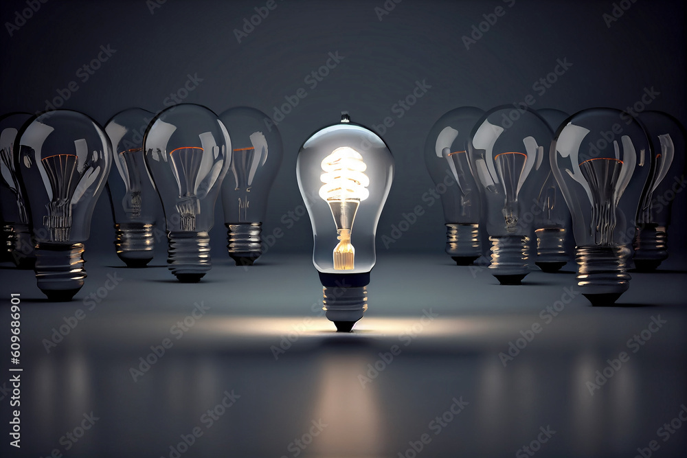One glowing light bulb standing out from the unlit incandescent bulbs ...