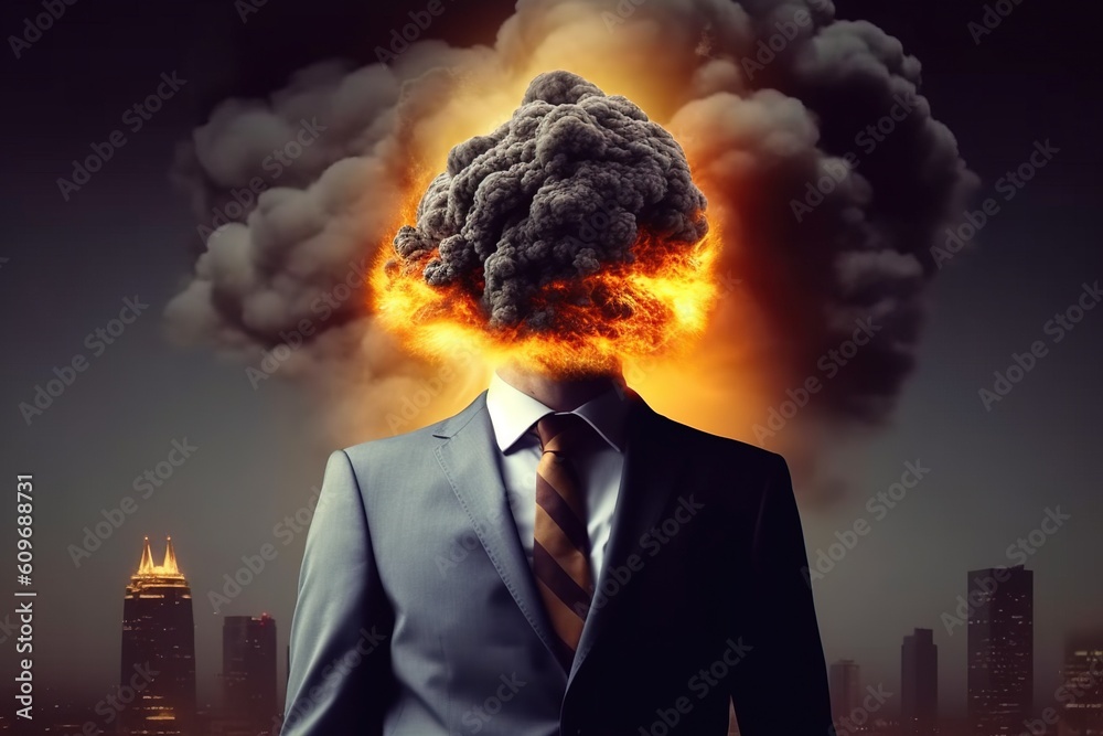 Head Exploding Innovation Mind-blowing idea, head explosion illustration of businessman in chaos ...