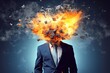 © iridescentstreet - Mind-blowing idea, head explosion illustration of businessman in chaos, symbolizing brain overload and the explosive power of brainstorming in business. Generative AI