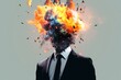 Mind-blowing idea, head explosion illustration of businessman in chaos, symbolizing brain overload and the explosive power of brainstorming in business. Generative AI