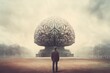 Man standing in front of a surreal giant brain monument, a conceptual portrayal of human intellect, knowledge, creativity and artificial intelligence. Generative AI