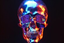Cyberpunk Skull, Neon Pink And Blue Holographic Illustration, A Surreal Art Of Metallic Skull Glowing In The Dark, Isolated On Black Background