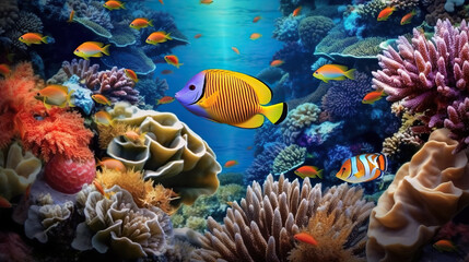  Tropical paradise, vibrant underwater landscape of colorful fish, coral reef in the caribbean, ideal for scuba and snorkel explorations. Generative AI