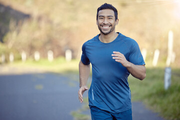 man, smile in portrait and run outdoor, fitness and cardio with marathon, sports and athlete in natu