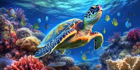 Tropical exploration, sea turtle in colorful coral reef underwater, vibrant marine life panorama. Generative AI