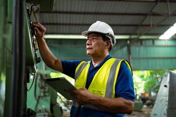 Wall Mural - Asian worker working in factory using laptop to check safety in factory. Industrial safety concept. Asian engineer working in a factory. Maintenance Work in the factory.