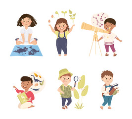 Wall Mural - Little Boy and Girl Learning Lesson and School Subject Vector Set