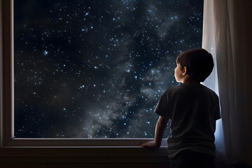 Wall Mural - Little boy looking out window into starry night sky, Generative AI