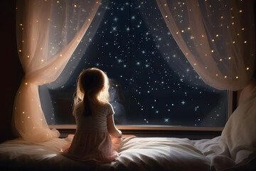 Wall Mural - Little girl looking out window into starry night sky, Generative AI